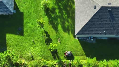 Top View of Lawn Mowing Professional Service Worker Cutting Grass in Summer with a Lawn Mower