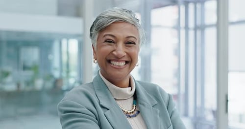 Businesswoman, face or happy CEO with arms crossed, confidence or smile in office or company