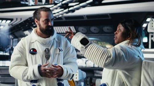Astronauten besprechen letzte Details, bevor sie die Raumstation verlassen