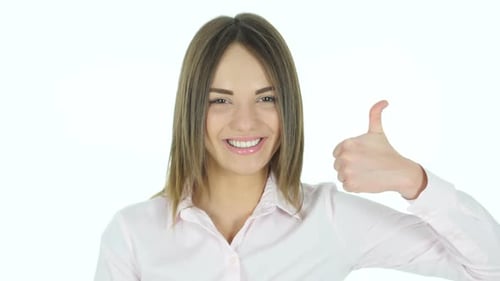 Woman Smiling and Giving Thumbs Up on White