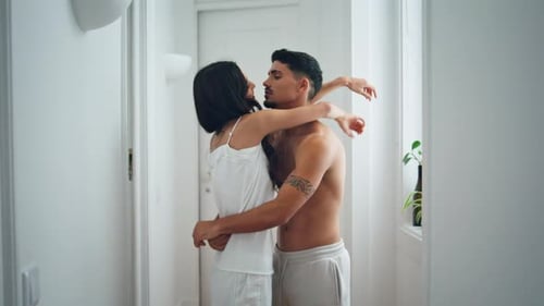 Sensual Couple Embracing Cozy Home Hall Half Naked Man Cuddling Cute Woman Sensual Couple Embracing Cozy Home Hall Half Naked Man Cuddling Cute Woman