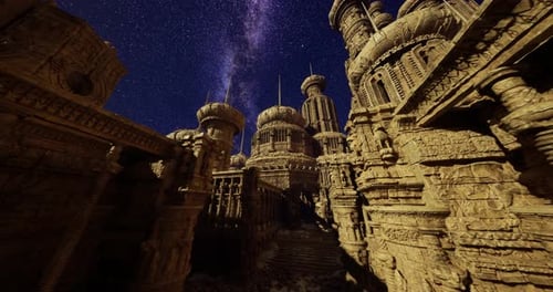 Temples sculptés sous un ciel étoilé dans un paysage ancien la nuit
