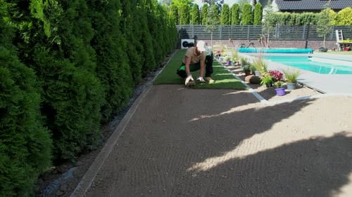 Person Installing Fresh Sod in Suburban Backyard