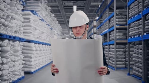 Asian Businessman Looking At Blueprint In His Hands While Walking at Warehouse