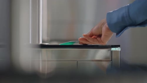 Woman Hand Using Keycard Entering Office Closeup Unrecognizable Businesswoman