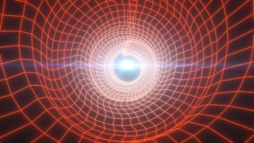 A warm-toned digital tunnel with orange wireframe gridlines surrounding a glowing central sphere