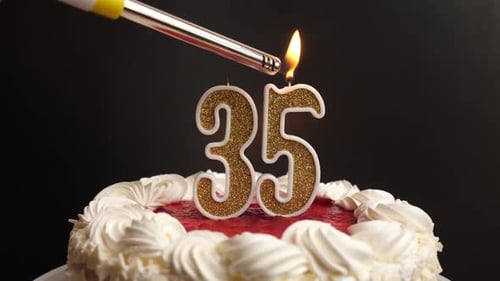 35. A candle in the form of the number 35, inserted into the holiday cake, is lit. Celebrating a bir