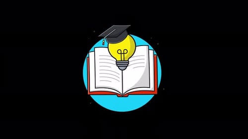 Buch mit Ideenbirne und Abschlussmütze. Konzeptanimationsvideo für kreative Studien — transparent