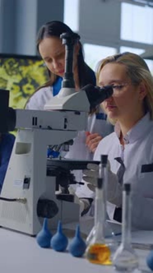 Female Scientists Using Microscope in Medical Research Lab