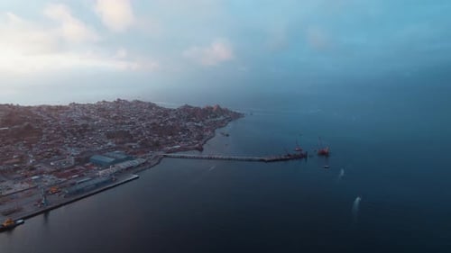 Panoramic View Of Industrial Port In Coquimbo Region, South America. Aerial Wide Shot