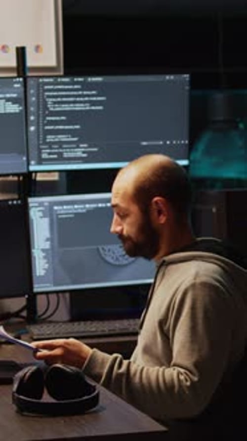 Vertikaler Video-IT-Webentwickler Datendateien auf Zwischenablagepapieren vergleichen