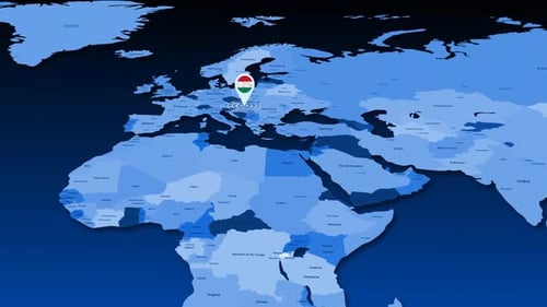 Animated 3D World Map Pinpoint to Hungary with Flag Locator