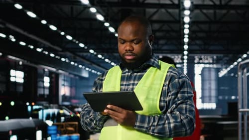 Factory Supervisor Checks Assembly Equipment on a Tablet in Manufacturing Plant