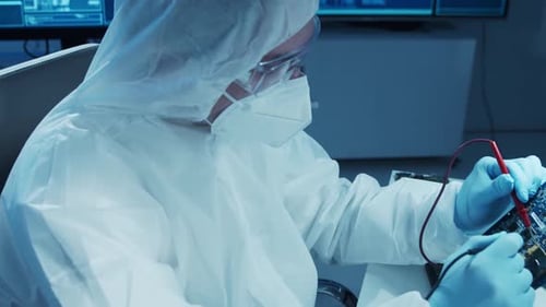 Microelectronics Engineer Works in a Modern Scientific Laboratory on Computing Systems and