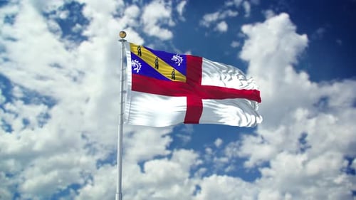 Realistic Herm Flag Waving Animation Against Cloudy Blue Sky