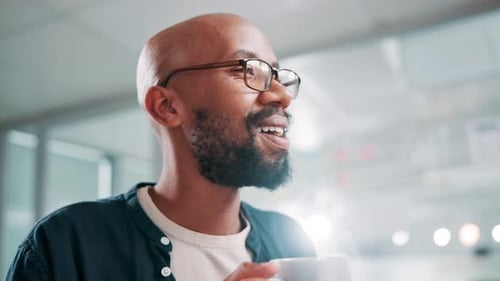 Businessman, thinking and coffee aroma in office for relax, peace and talking on break