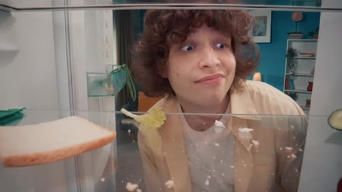 Young Adult Complaining About Empty Refrigerator on Phone