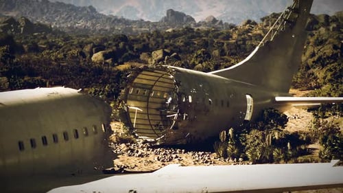 Plane Wreckage in Remote Area Surrounded By Rocky Terrain and Vegetation