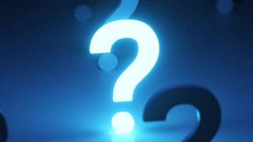 Leuchtendes blaues Fragezeichen, das aus einer Menge anderer Symbole hervorsticht, die Konzepte von darstellen