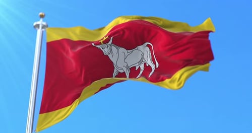 Realistic Flag Waving Animation with Bull and Cross on Blue Sky