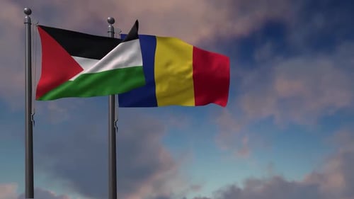 Palestine and Chad Flags Waving in a Cloudy Sky