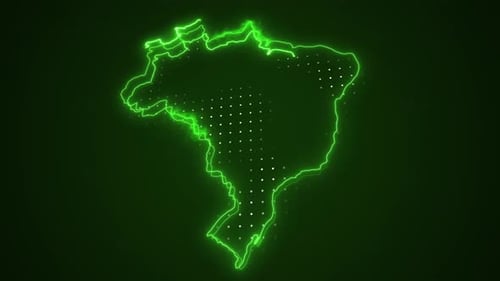 Neon Glowing Outline Map of Brazil with Digital Dots