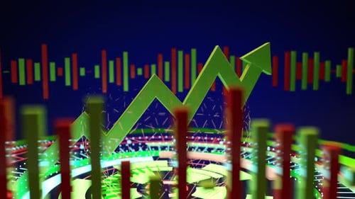 Financial chart showing market upside with green arrow and numbers and candles