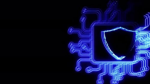 Futuristic digital security shield icon on a circuit board. glowing cyber security with neon line