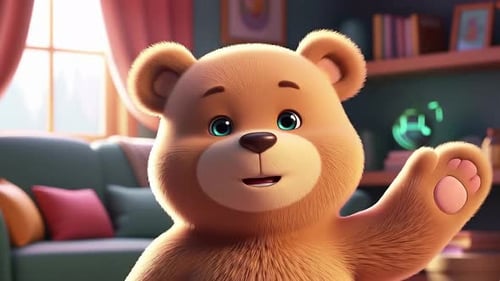 Kuscheliger Teddybär winkt im gemütlichen Wohnzimmer mit warmer Beleuchtung