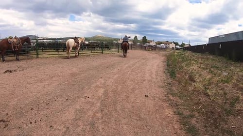 Cowboys ride and walk along a dirt road in the rodeo grounds in Northern Arizona.