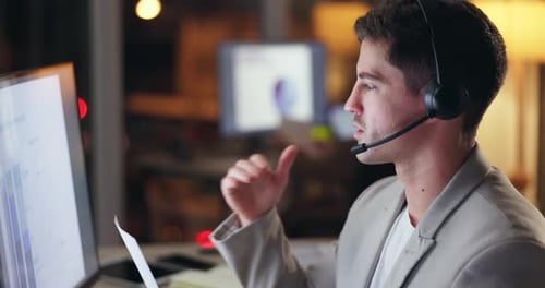 Computer, graph or businessman in night call center for stock market, trading and investment help