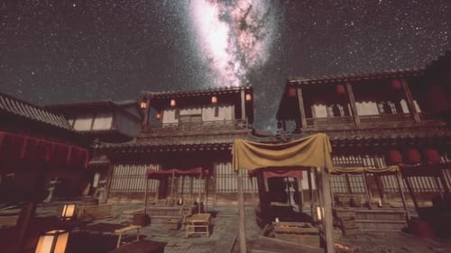 Night View of Traditional Japanese Buildings Under a Stunning Starry Sky