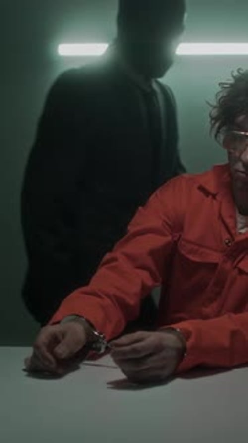 Man in Handcuffs Sits in Interrogation Room