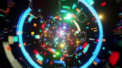 A stream of colorful particles flies through the cosmic web VJ loop 3d render. Background
