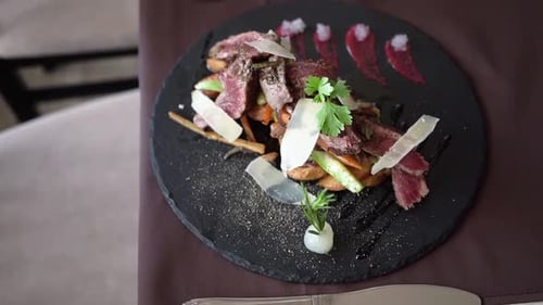 Artistic Steak Salad Presentation, Fine Dining Cuisine