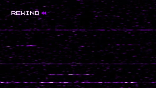 Animation VHS tape rewind screen with glitches and damaged tape distortion.