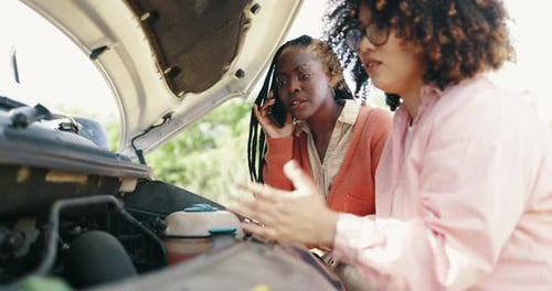 Women, stress and phone call or car breakdown in rural area or panic, engine fail or overheating