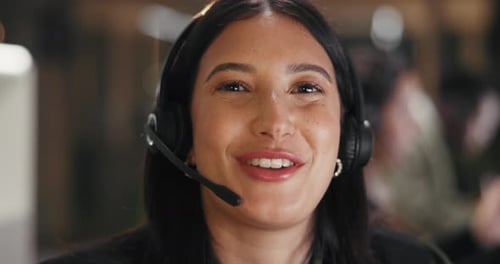 Happy woman, call center and consultant with headphones for customer service or support at office