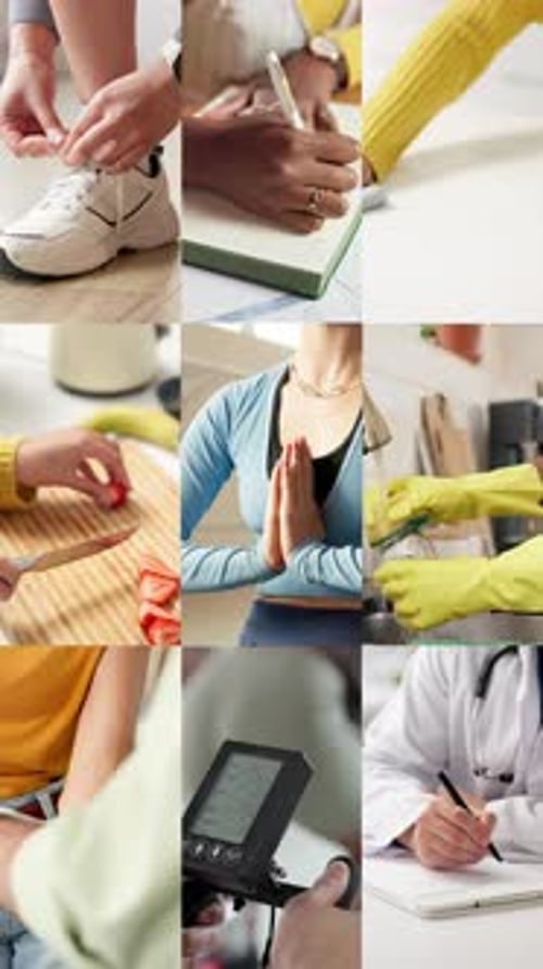 People, hands and wellness in montage with health, clean eating and fitness for safety