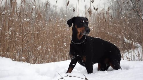 Purebred Black Dog is Standing in a Field on the Reed Background Among Falling Snowflakes in Slowmo