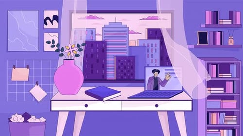 Cozy study space with bookshelves lo fi animated cartoon background