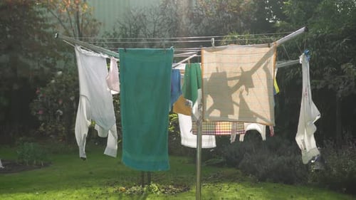Clean Clothes Drying on Clothesline in Yard