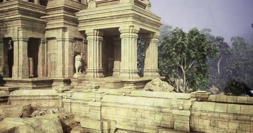 Ancient Temple Structure Overlooking Serene Landscape with Lush Trees