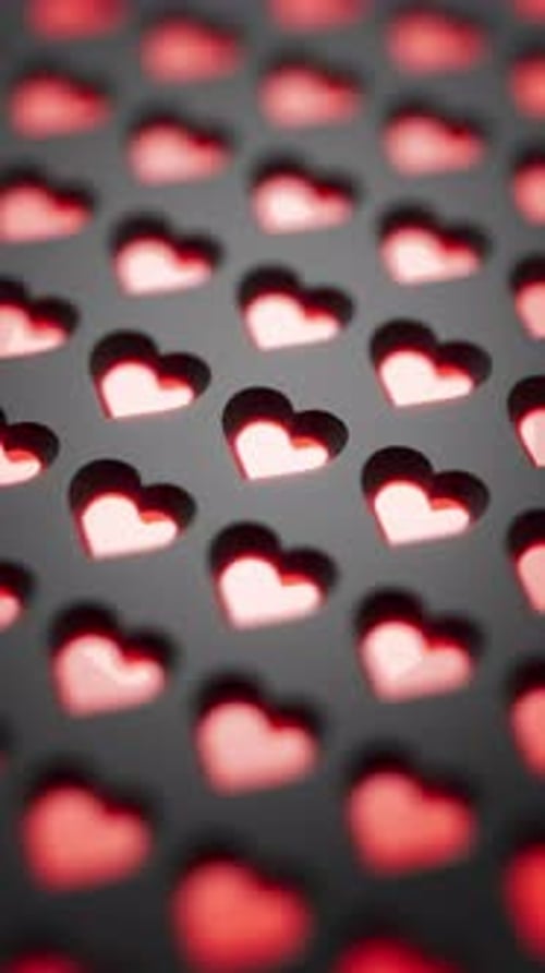 Looped animation of bright red hearts appearing on a black background.