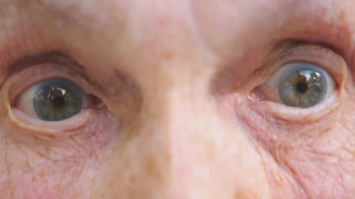 Elderly Woman Watching Into Camera and Strongly Screwing Up Her Eyes Close Up of Wrinkled Female