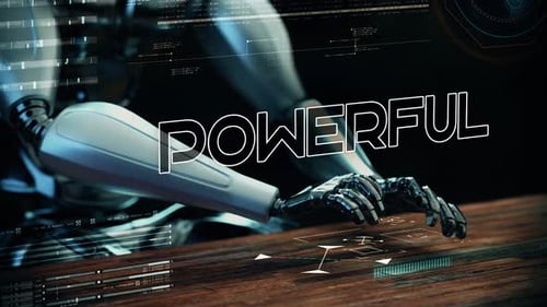 Futuristic Robot Hand Generating Text with Digital UI Animation