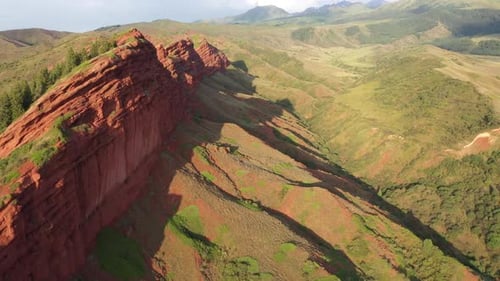 Aerial view of red rock formations, Kyrgyzstan.