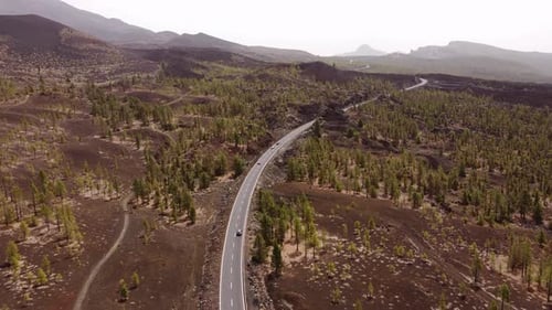 Car Driving on Volcanic Road, Aerial View in Tenerife, Canary Islands