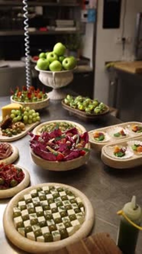 The restaurant kitchen is getting ready for the banquet. Close-up