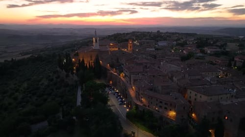 Pienza Tuscany Aerial View of the Medieval Town at Night Evening Siena Italy